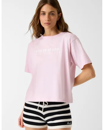 Tricou cu decolteu la baza gatului si logo, Roz deschis/Alb optic