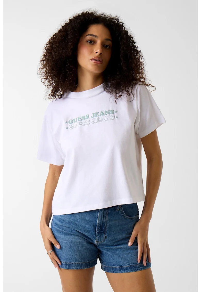 Tricou cu decolteu la baza gatului si logo, Alb optic/Verde menta