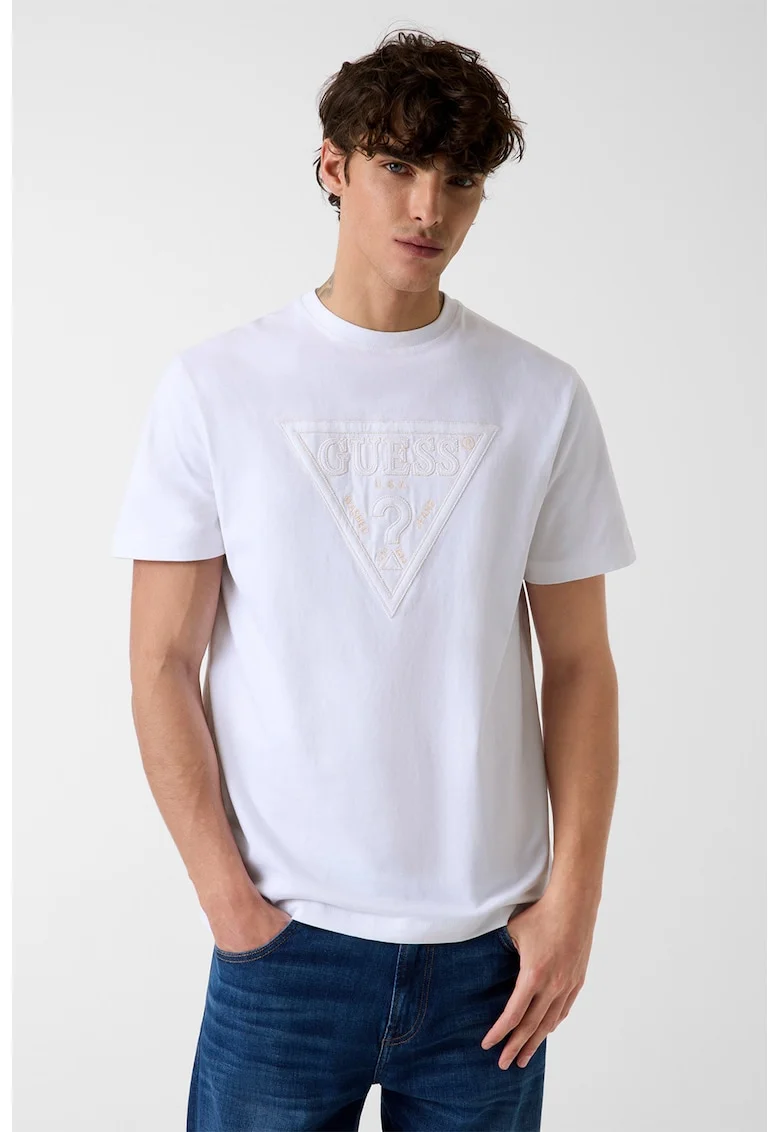 Tricou cu decolteu la baza gatului si logo, Portocaliu pal/Alb optic