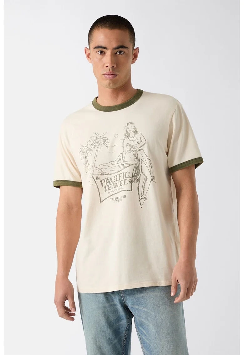 Tricou din bumbac cu imprimeu tropical, Verde feriga/Crem