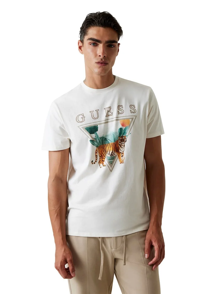 Tricou cu imprimeu logo, Alb/Verde/Portocaliu stins