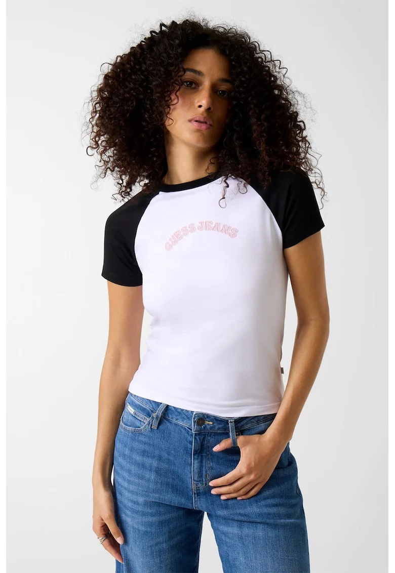 Tricou cu decolteu la baza gatului si maneci raglan, Alb/Negru/Roz pastel