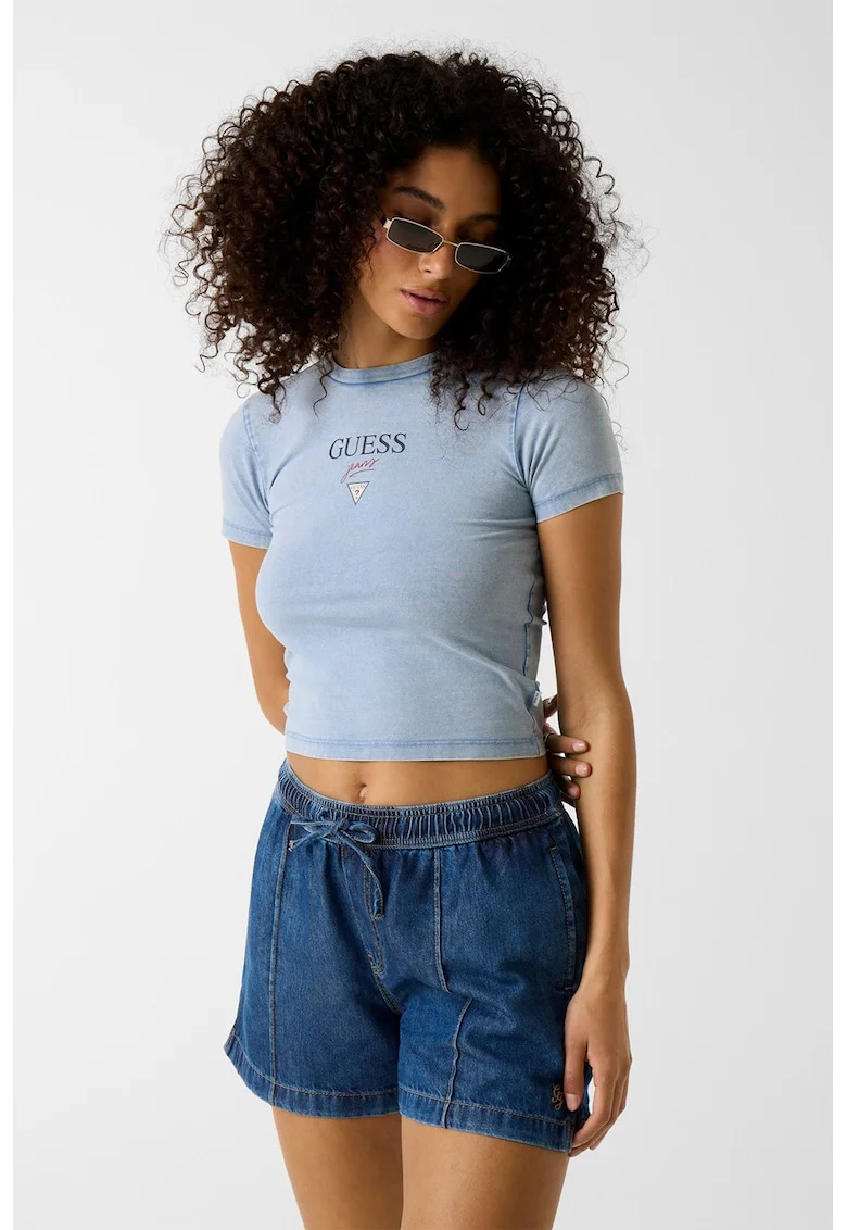 Tricou crop cu croiala slim-fit si logo, Alb/Albastru lavanda/Negru stins