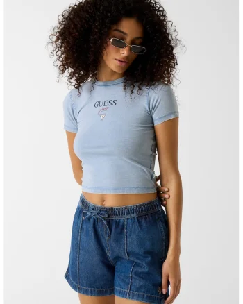 Tricou crop cu croiala slim-fit si logo, Alb/Albastru lavanda/Negru stins