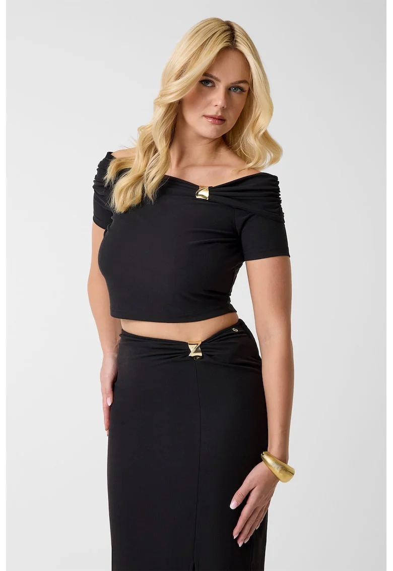 Bluza crop din amestec de modal cu fronseu, Auriu/Negru