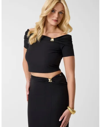 Bluza crop din amestec de modal cu fronseu, Auriu/Negru