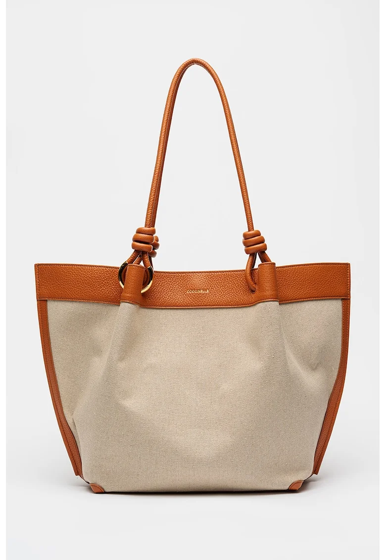 Geanta tote din material textil cu garnituri din piele, Portocaliu/Bej