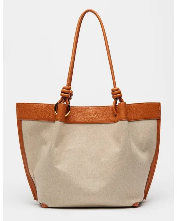 Geanta tote din material textil cu garnituri din piele, Portocaliu/Bej