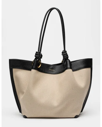Geanta tote din material textil cu garnituri din piele, Negru/Bej