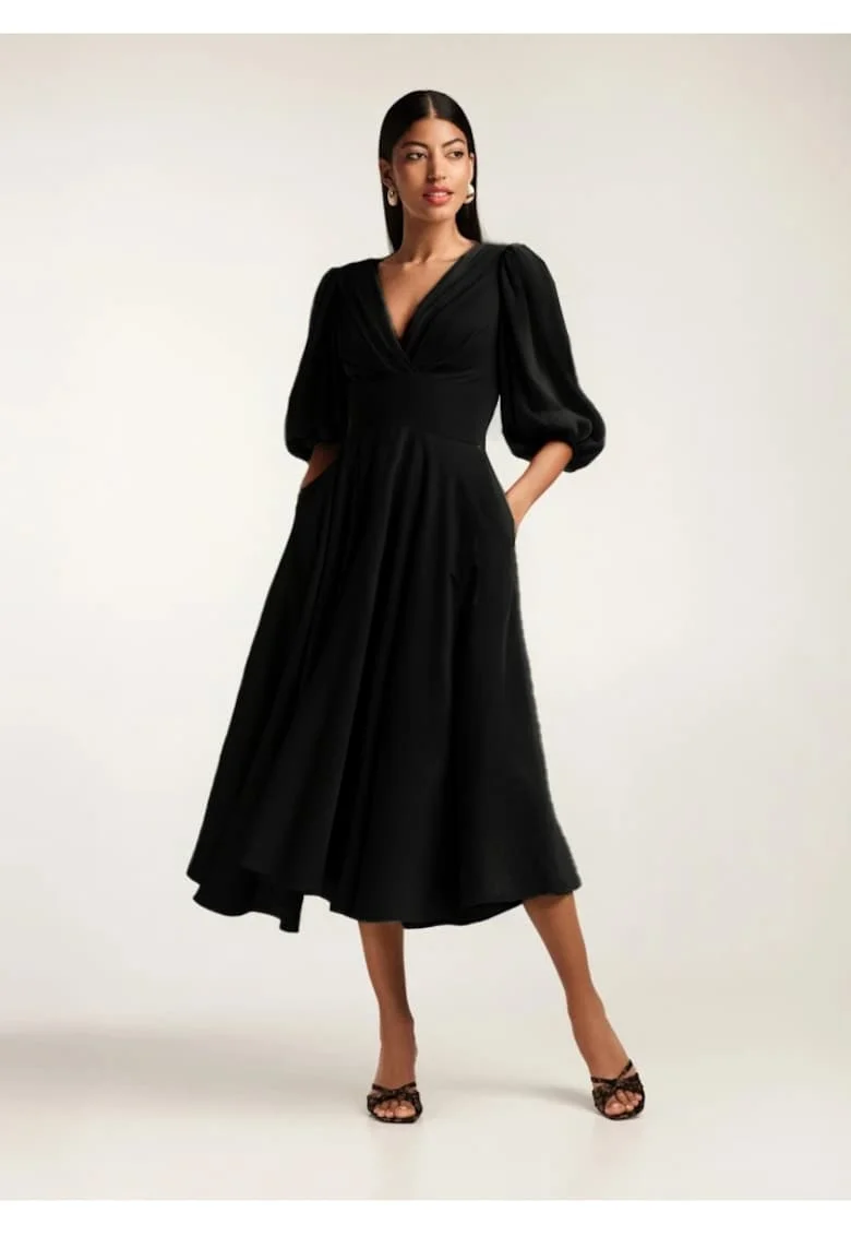 Rochie midi din amestesc de in cu drapaje si maneci bufante Swan, Negru
