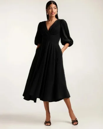 Rochie midi din amestesc de in cu drapaje si maneci bufante Swan, Negru