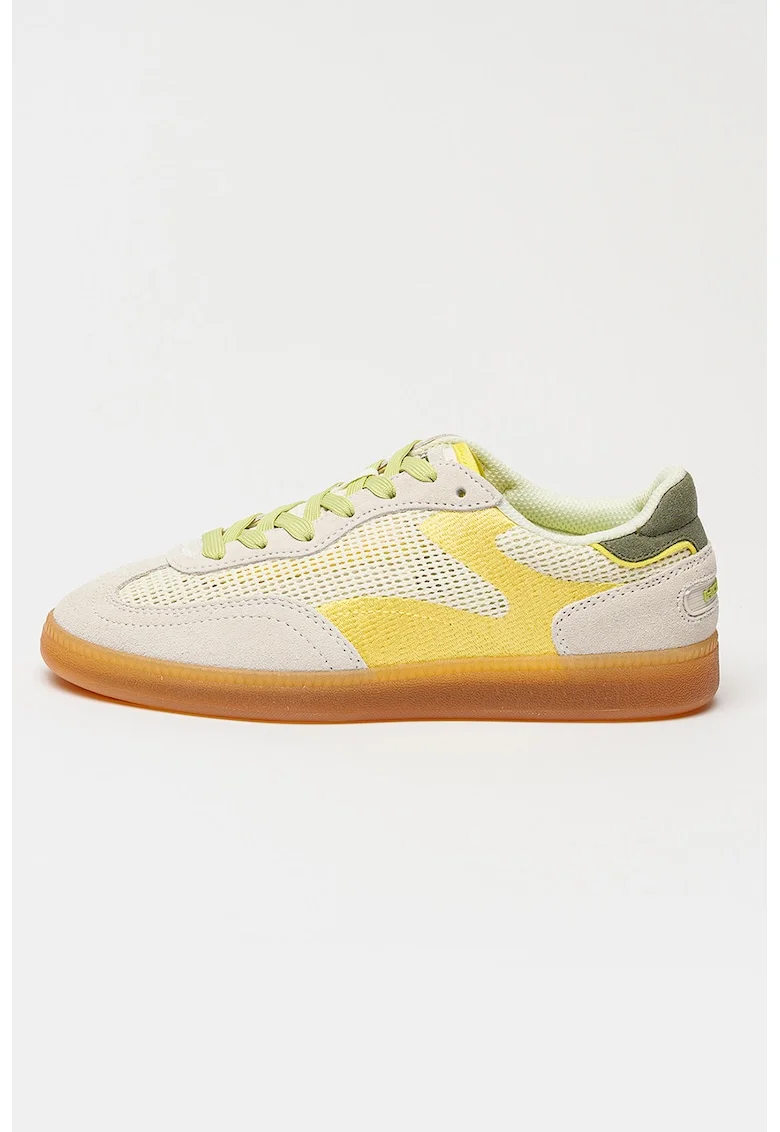 Pantofi sport de piele intoarsa cu garnituri textile, Galben lime/Bej