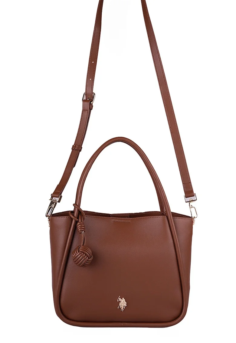 Geanta shopper de piele ecologica cu logo metalic, Maro