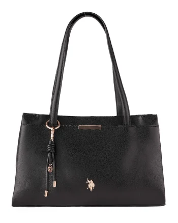 Geanta de piele ecologica cu accesoriu logo, Negru