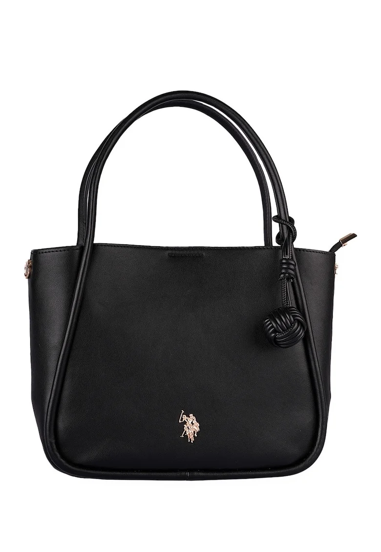 Geanta shopper de piele ecologica cu logo metalic, Negru