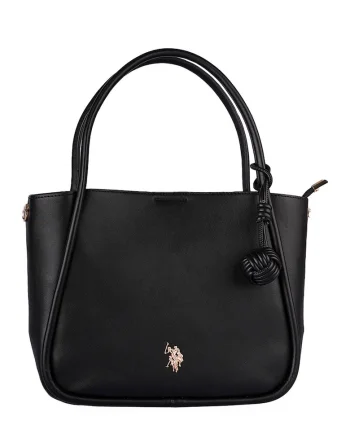 Geanta shopper de piele ecologica cu logo metalic, Negru