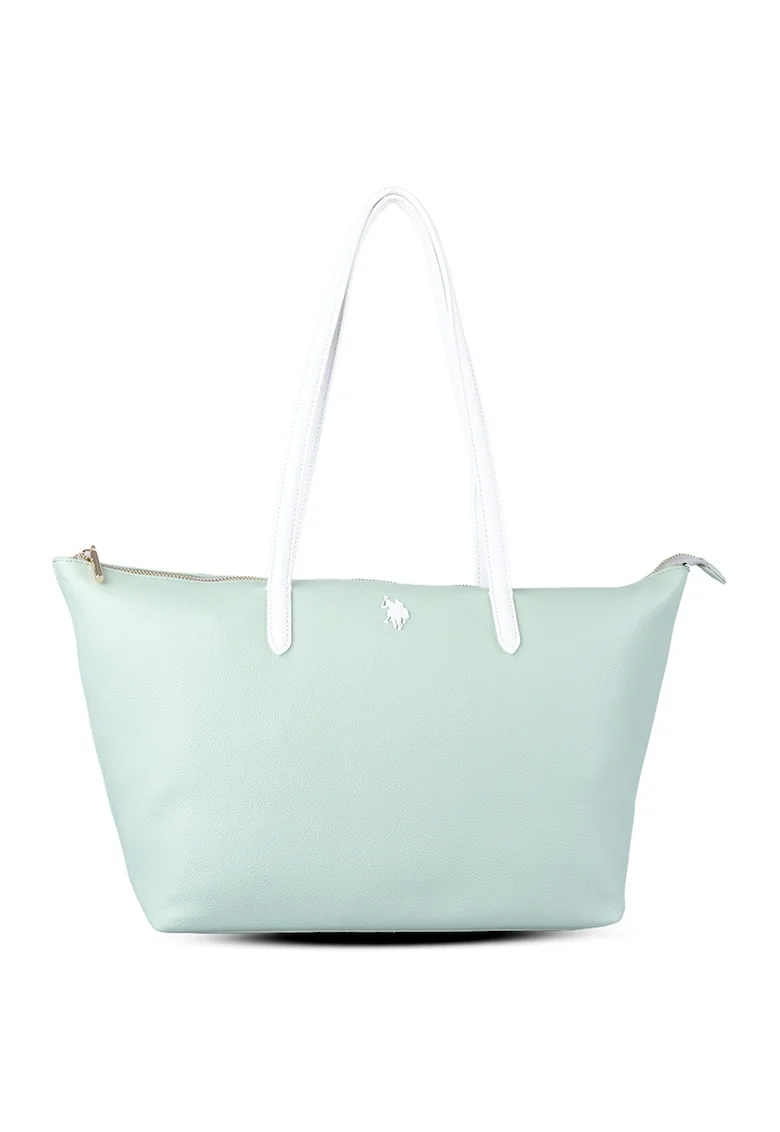 Geanta shopper cu logo, Alb/Verde menta