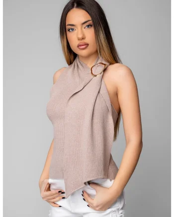 Buza tricotat cu inel decorativ 20379, Bej inchis
