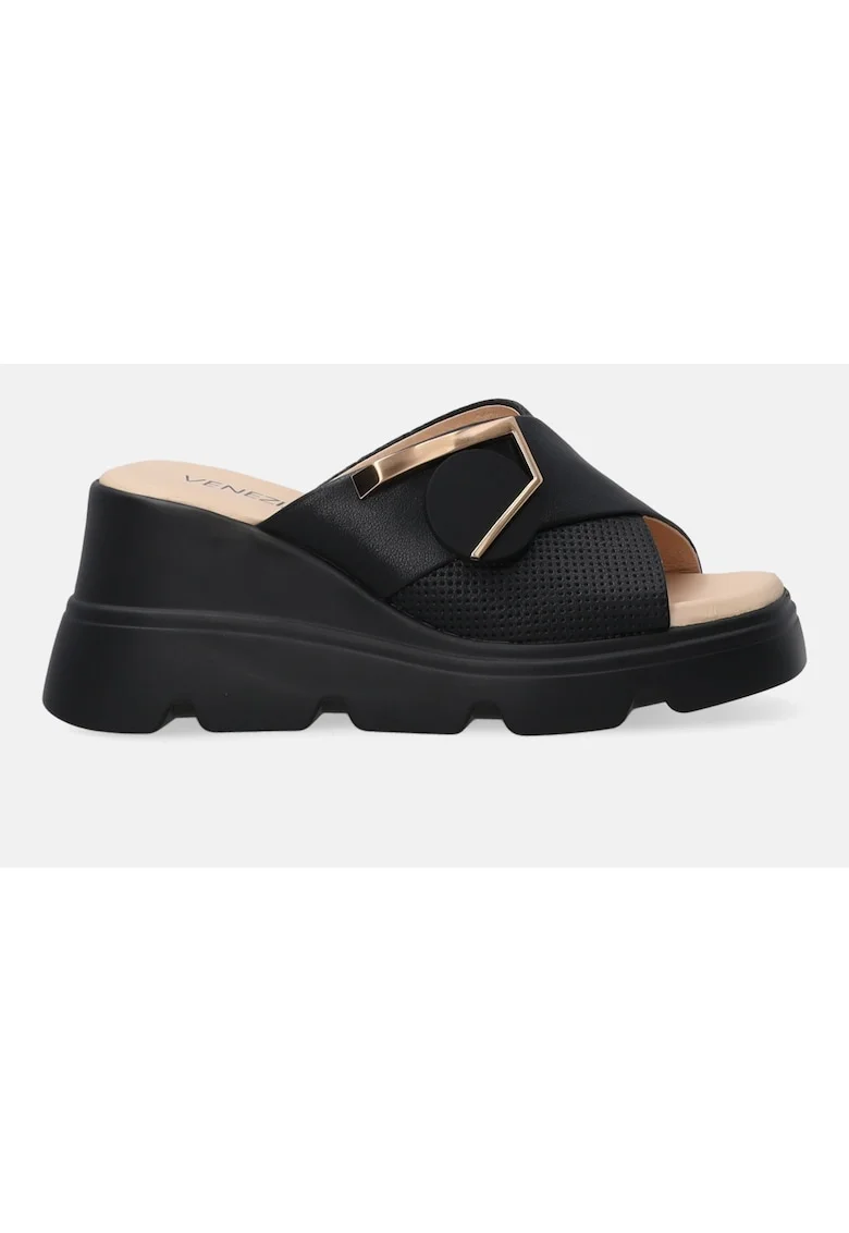 Papuci wedge din piele cu detaliu metalizat, Negru