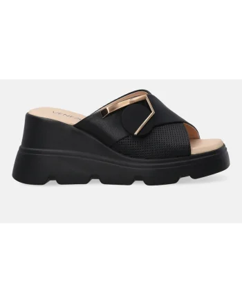 Papuci wedge din piele cu detaliu metalizat, Negru