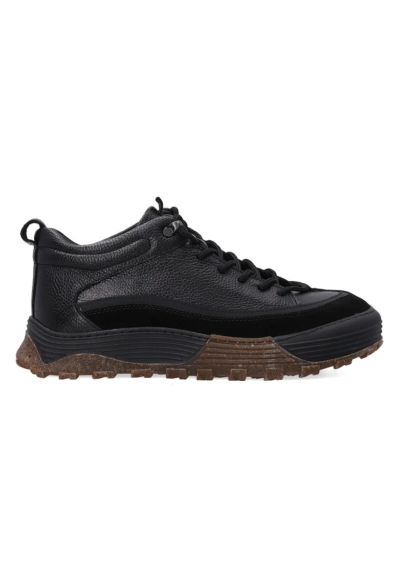 Pantofi sport din piele naturala cu talpa texturata, Negru