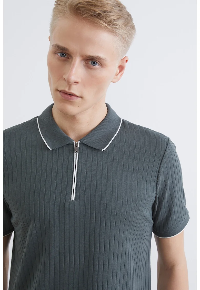 Tricou polo cu fenta cu fermoar, Verde inchis