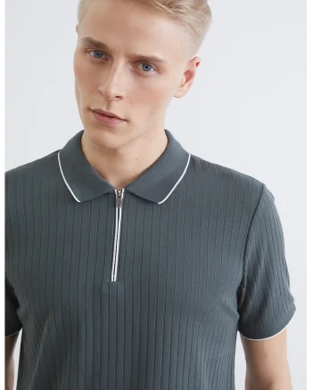 Tricou polo cu fenta cu fermoar, Verde inchis