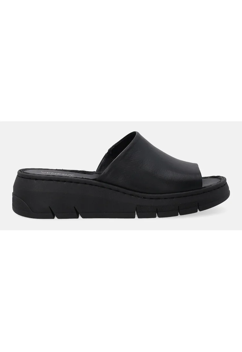Papuci wedge din piele, Negru