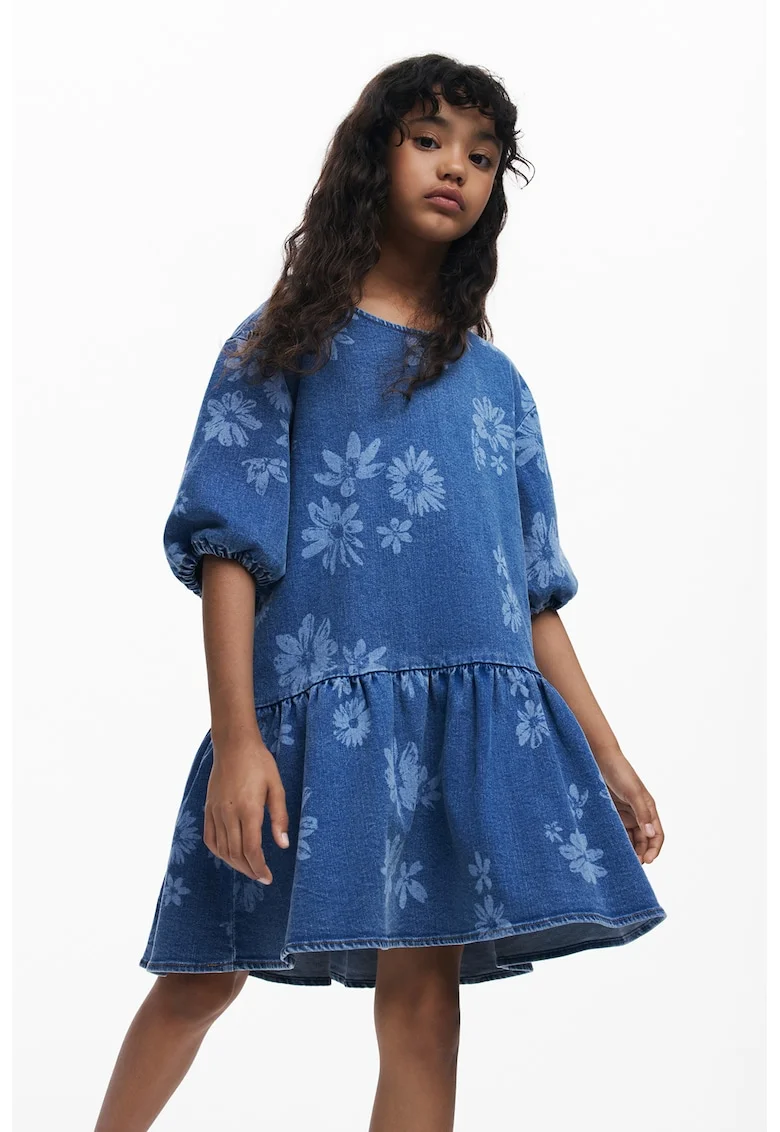 Rochie din denim cu imprimeu floral, Albastru prafuit