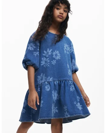 Rochie din denim cu imprimeu floral, Albastru prafuit