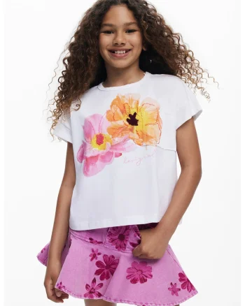 Tricou din bumbac cu imprimeu floral, Alb/Portocaliu/Roz