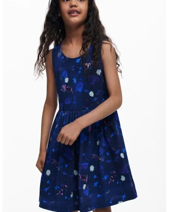 Rochie cu decolteu rotund si imprimeu floral, fara maneci, Bleumarin