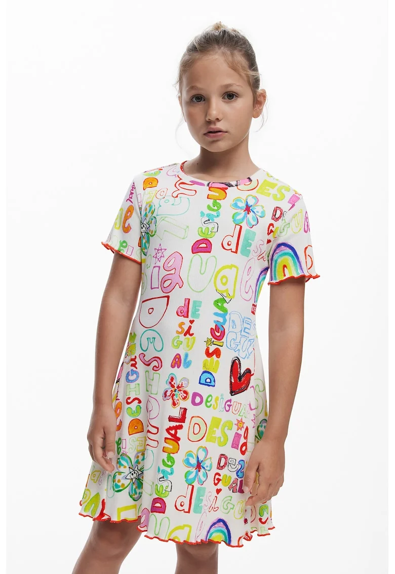 Rochie din amestec de bumbac cu imprimeu grafic si logo, Rosu/Galben/Alb murdar