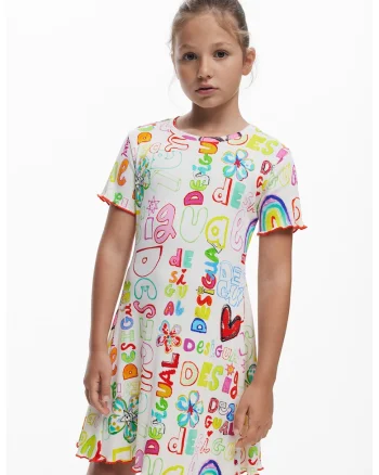 Rochie din amestec de bumbac cu imprimeu grafic si logo, Rosu/Galben/Alb murdar
