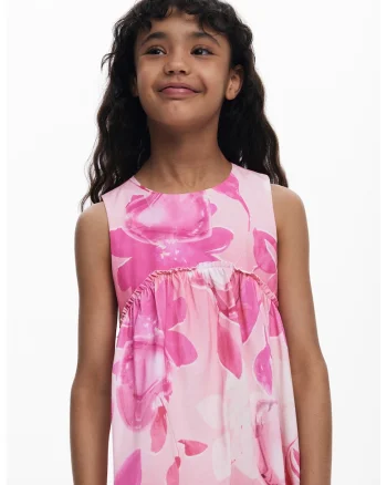 Rochie evazata din bumbac cu model floral, Roz