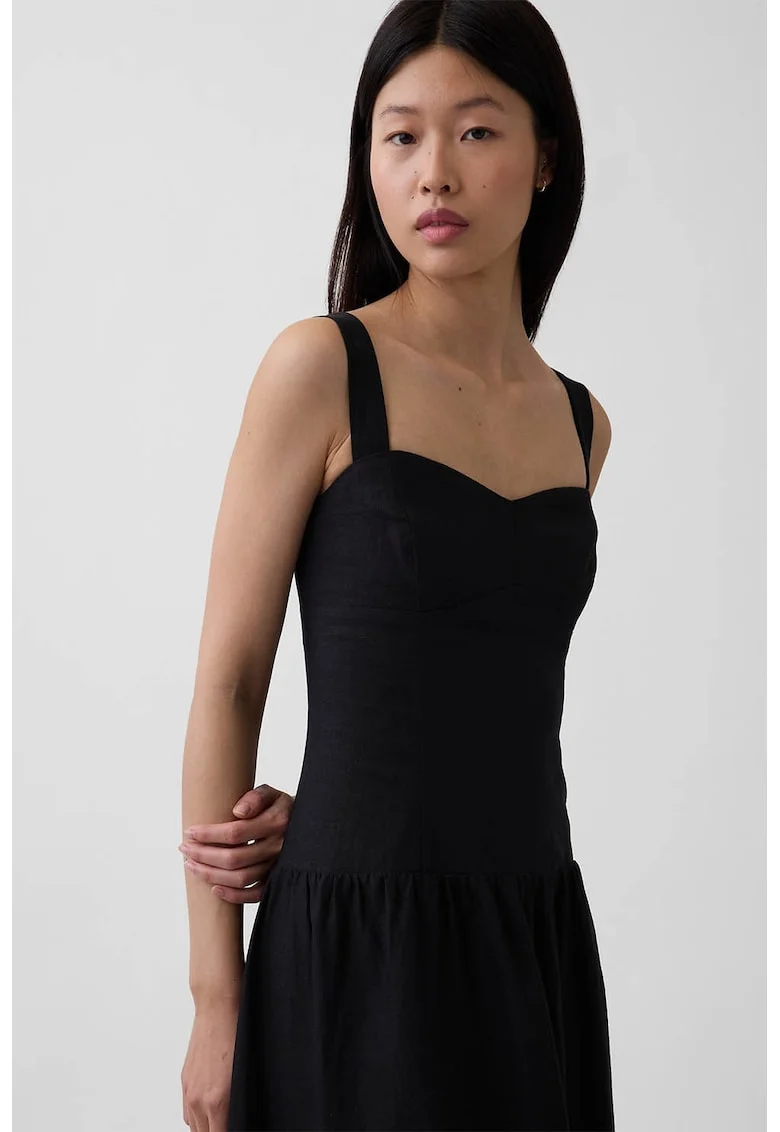 Rochie midi din amestec de in cu terminatie contrastanta, Negru/Bej deschis
