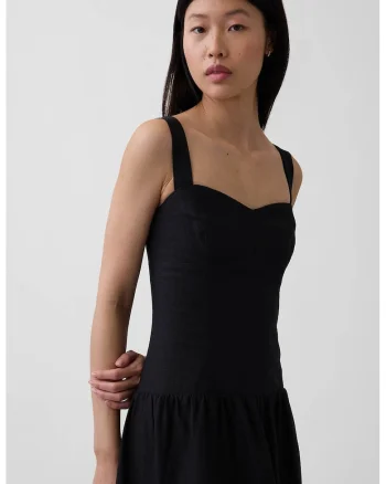 Rochie midi din amestec de in cu terminatie contrastanta, Negru/Bej deschis