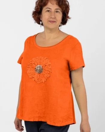 Bluza din in portocalie, cu floare si paiete fine pe piept
