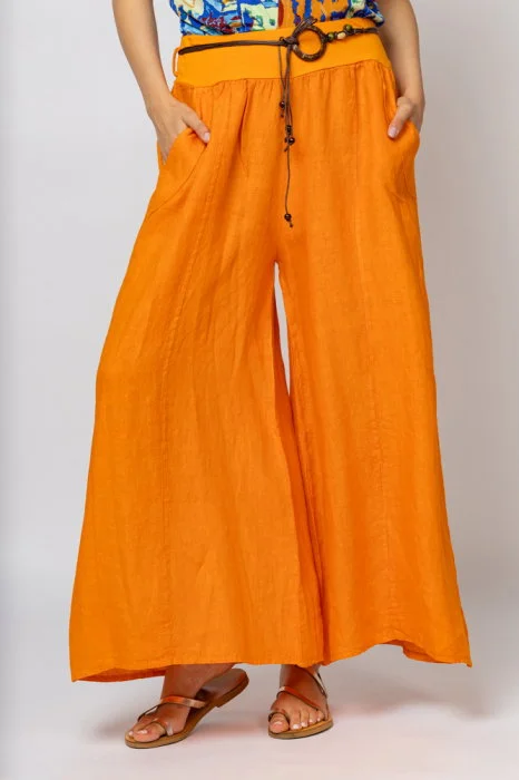 Fusta pantalon portocalie  casual, din in, cu o curea fancy