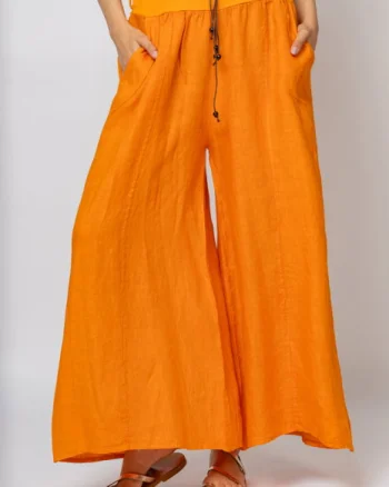 Fusta pantalon portocalie  casual, din in, cu o curea fancy