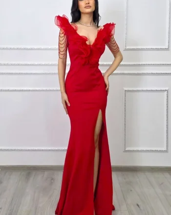 Rochie de gala Zenaria, cu siraguri din cristale si volane, Rosu