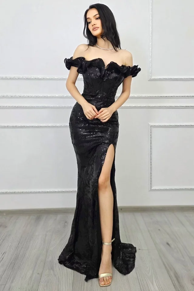 Rochie de seara Velary, croială sirenă cu linie couture si paiete, NEGRU