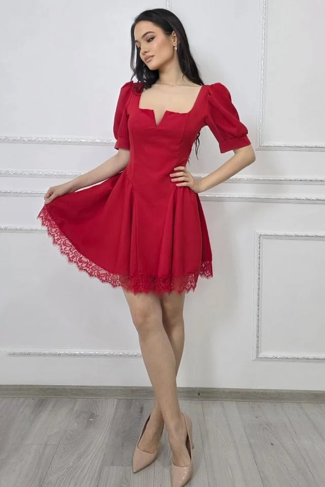 Rochie eleganta babydoll Amandine, cu spatele gol si legare funda, Rosu
