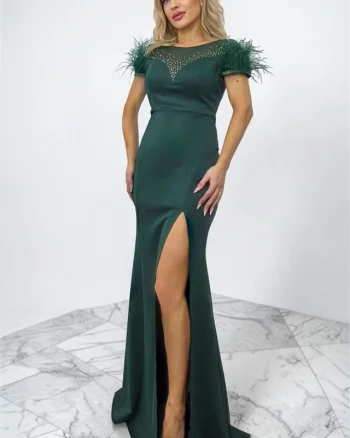 Rochie lunga de seara Clarimond, cu pene si cristale inserate, Verde