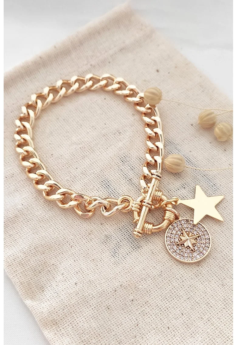 Bratara de lant cu talisman cu cristale zirconia, Auriu