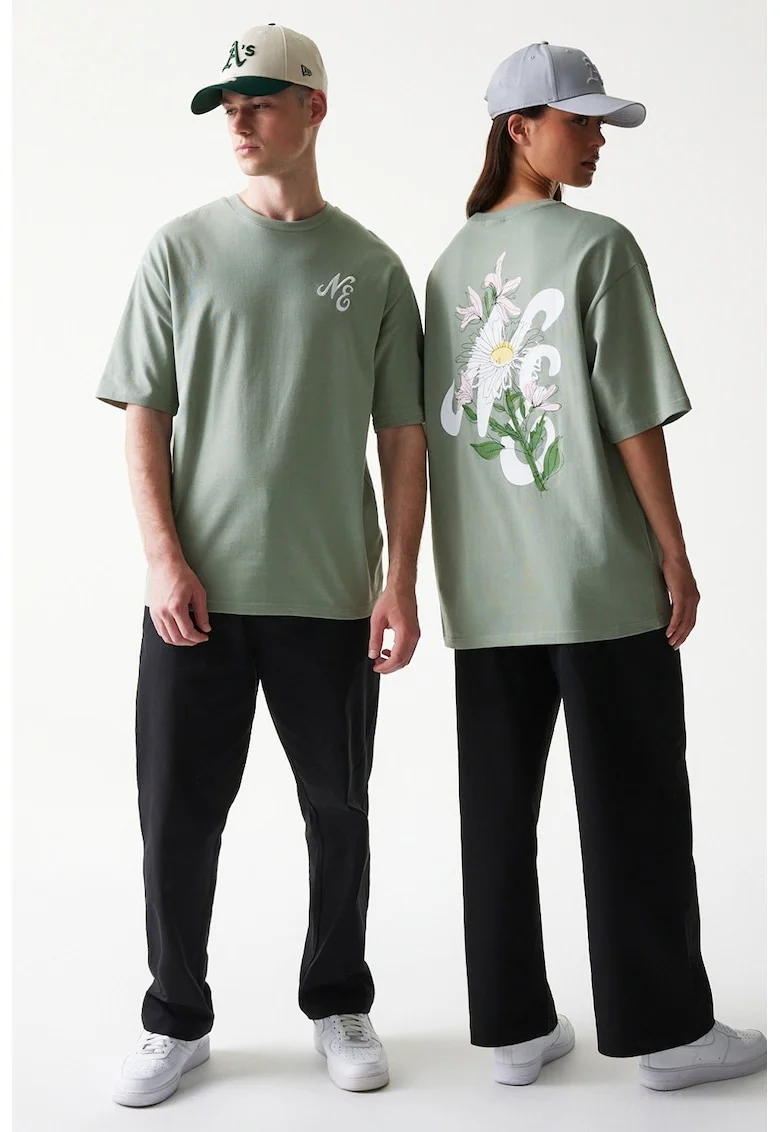 Tricou unisex cu imprimeu floral, Verde pal