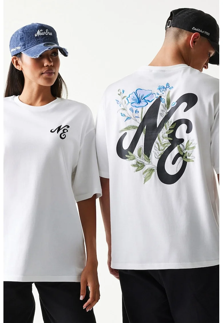 Tricou unisex cu model floral, Alb