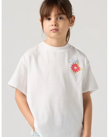 Tricou supradimensionat cu imprimeu floral si logo, Alb
