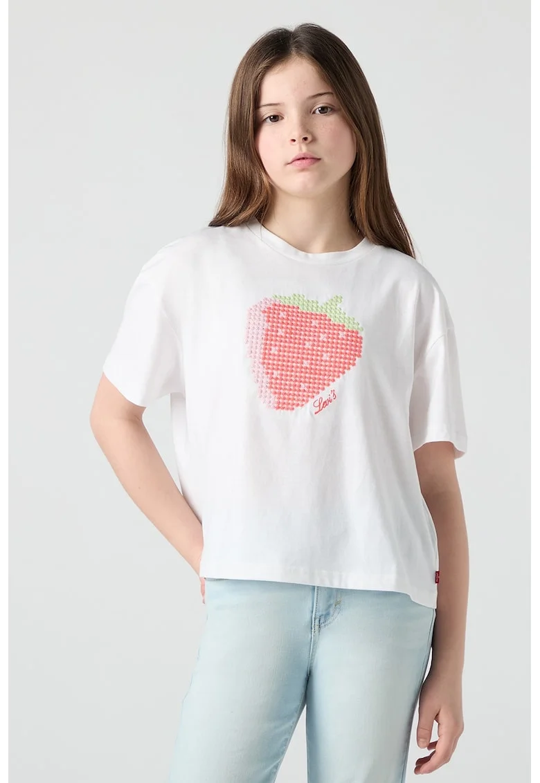 Tricou din amestec de bumbac cu broderie in forma de capsune, Alb