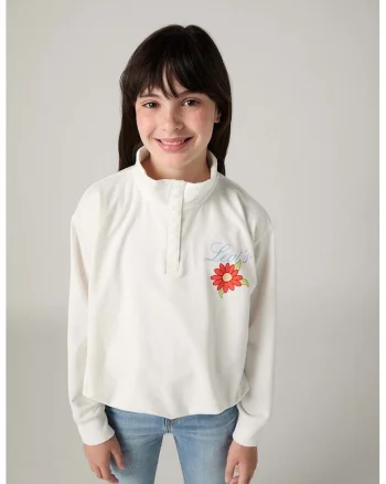 Bluza cu flori brodate si guler inalt, Alb